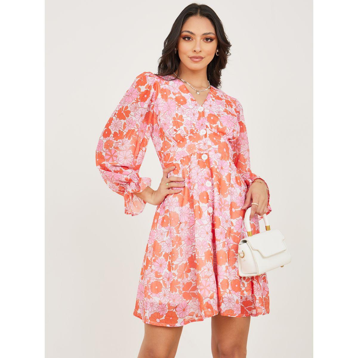 فستان قصير مطبع بزهور وأزرار-women-clothing-dresses-image-1