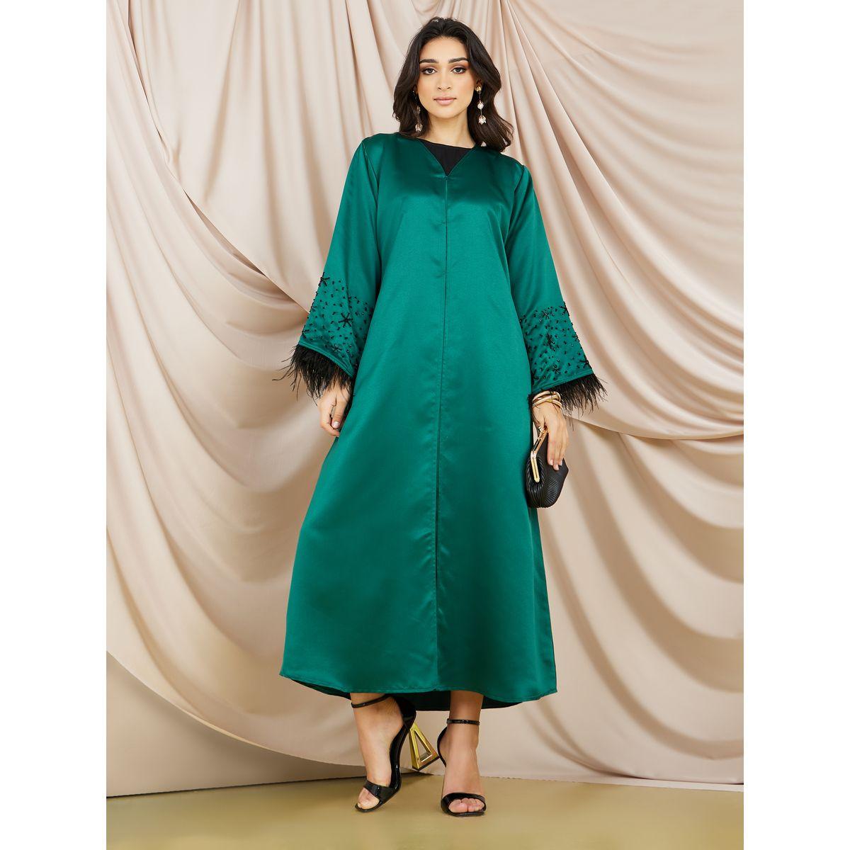 Styli Faux Feather Trim Abaya with Embellished Sleeve-women-arabicclothing-abayas-image-1