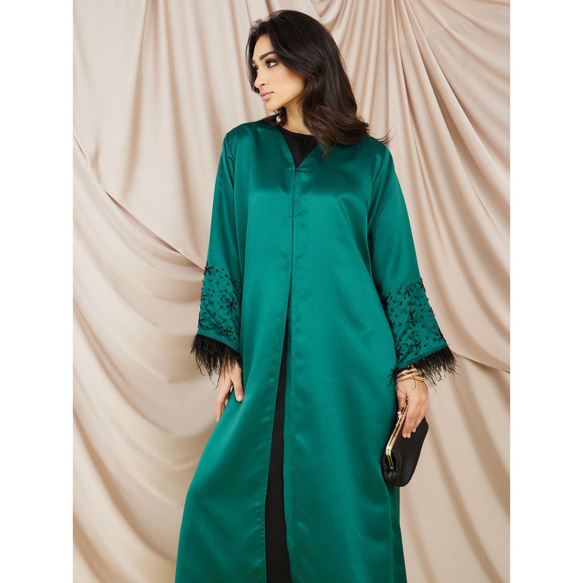 Styli Faux Feather Trim Abaya with Embellished Sleeve-women-arabicclothing-abayas-image-2