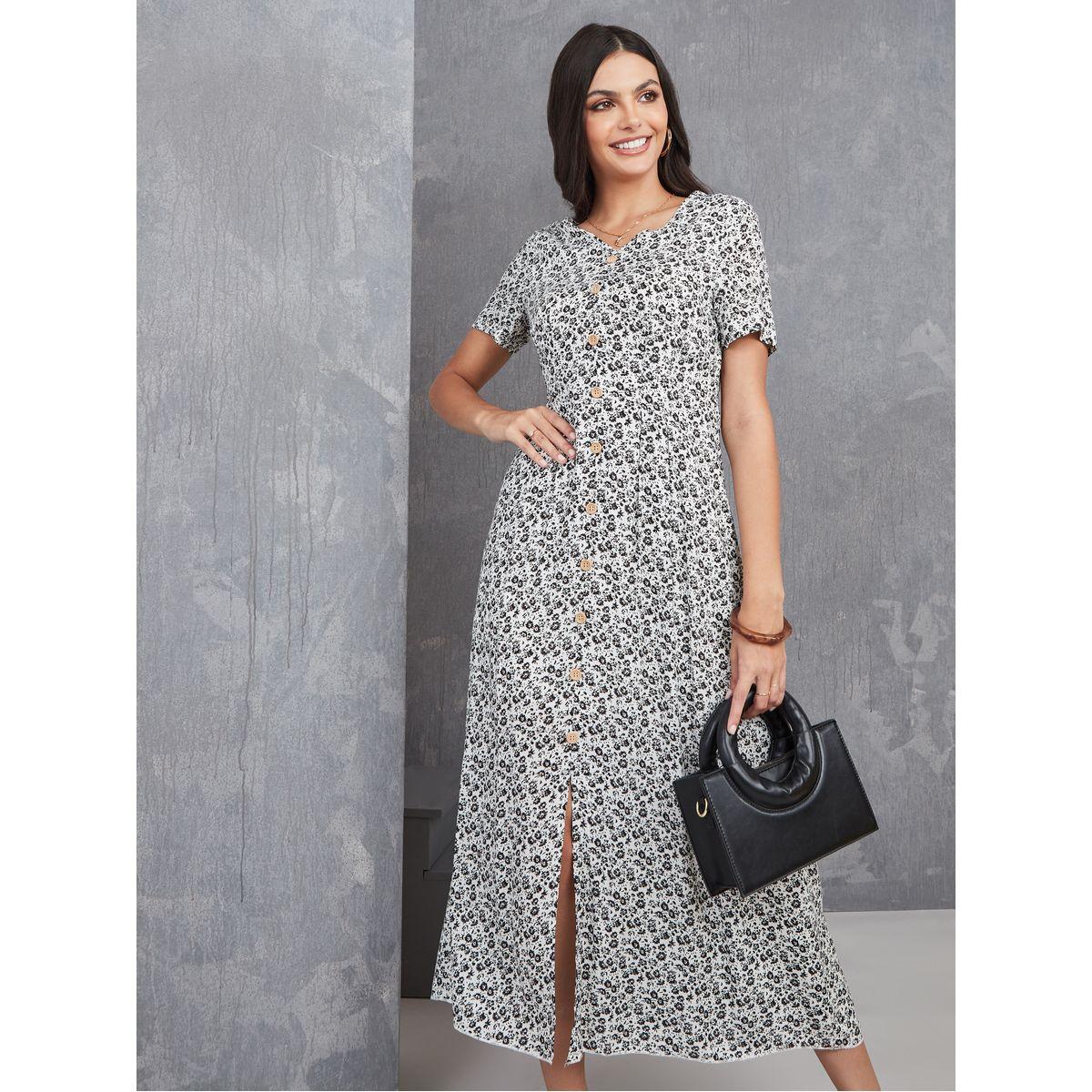 Styli Floral Print A-Line Midi Dress with Button Detail-women-clothing-dresses-image-1