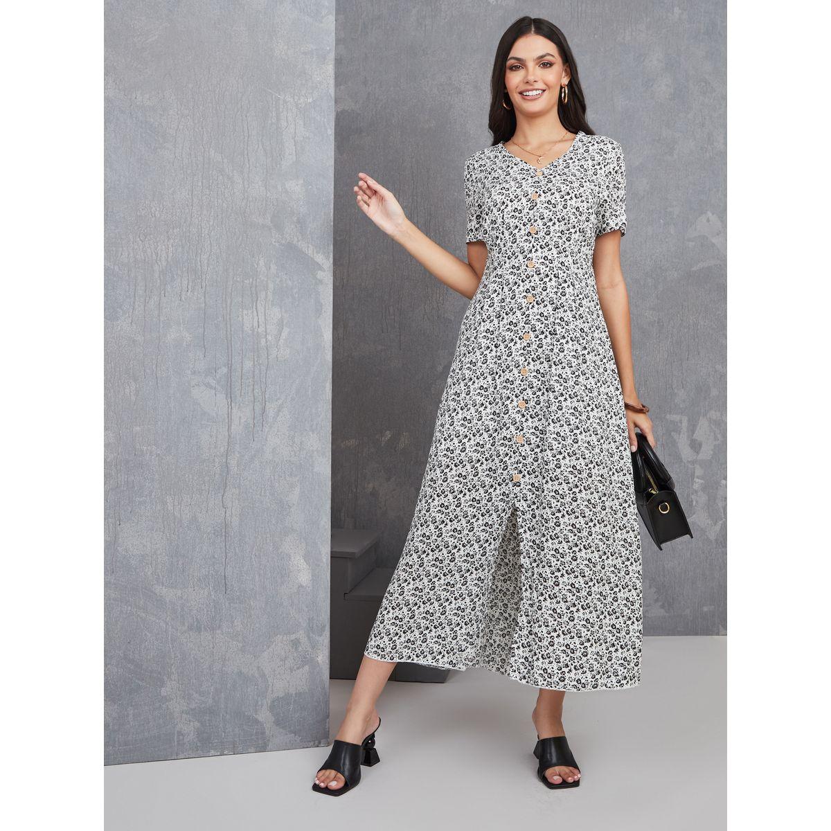 Styli Floral Print A-Line Midi Dress with Button Detail-women-clothing-dresses-image-2