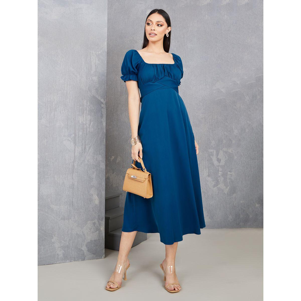 Styli Puff Sleeve Front Cross Detail Solid Midi Dress-women-clothing-dresses-image-1
