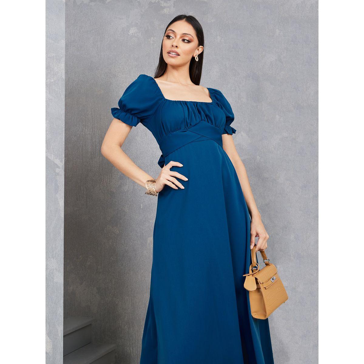 Styli Puff Sleeve Front Cross Detail Solid Midi Dress-women-clothing-dresses-image-2