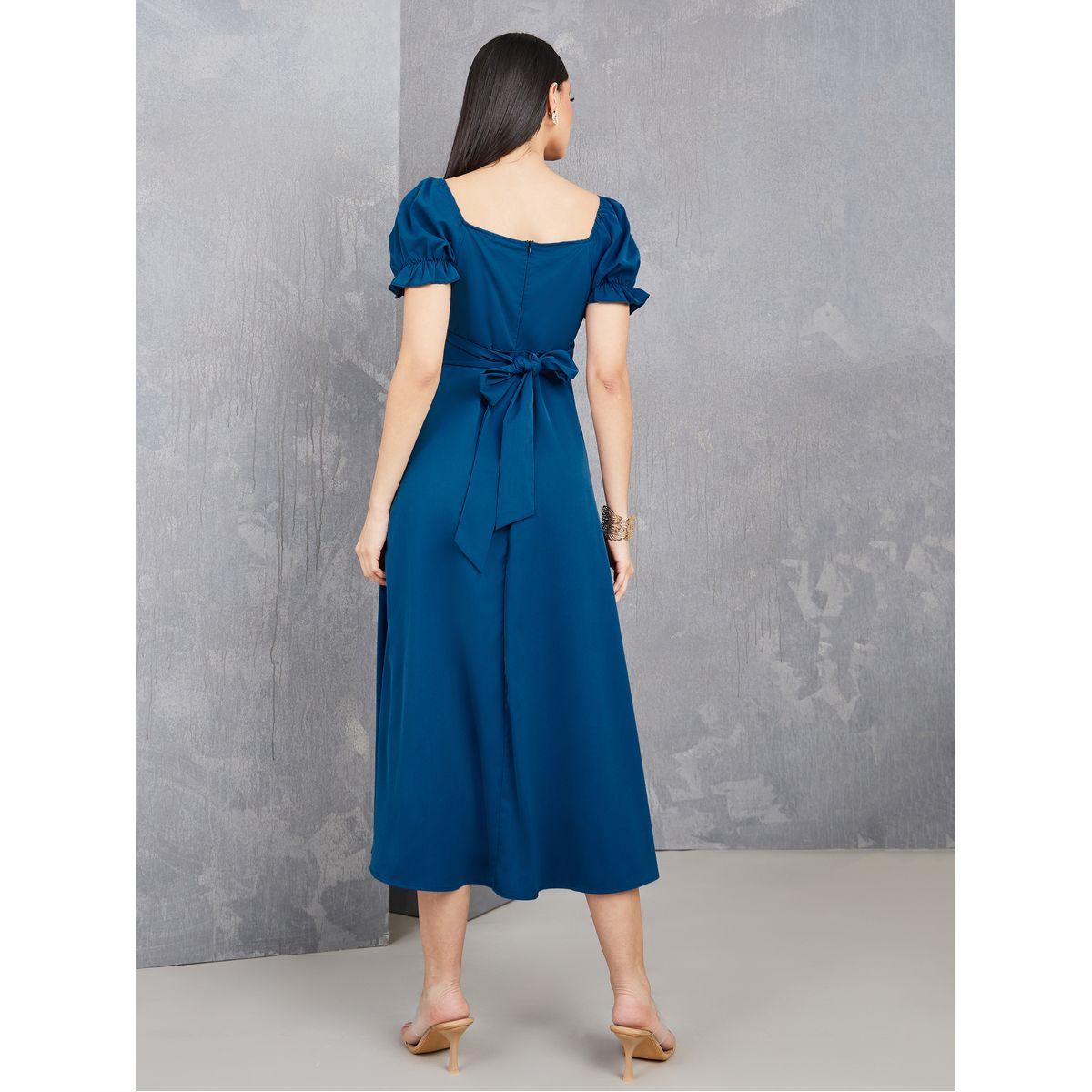 Styli Puff Sleeve Front Cross Detail Solid Midi Dress-women-clothing-dresses-image-4