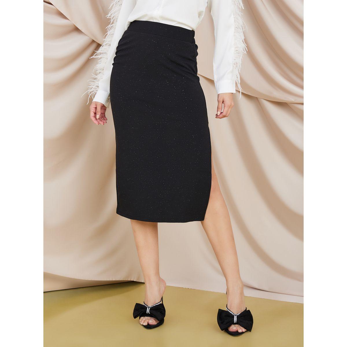 Styli Shimmer Side Slit Pencil Skirt-women-clothing-bottoms-skirts-image-1
