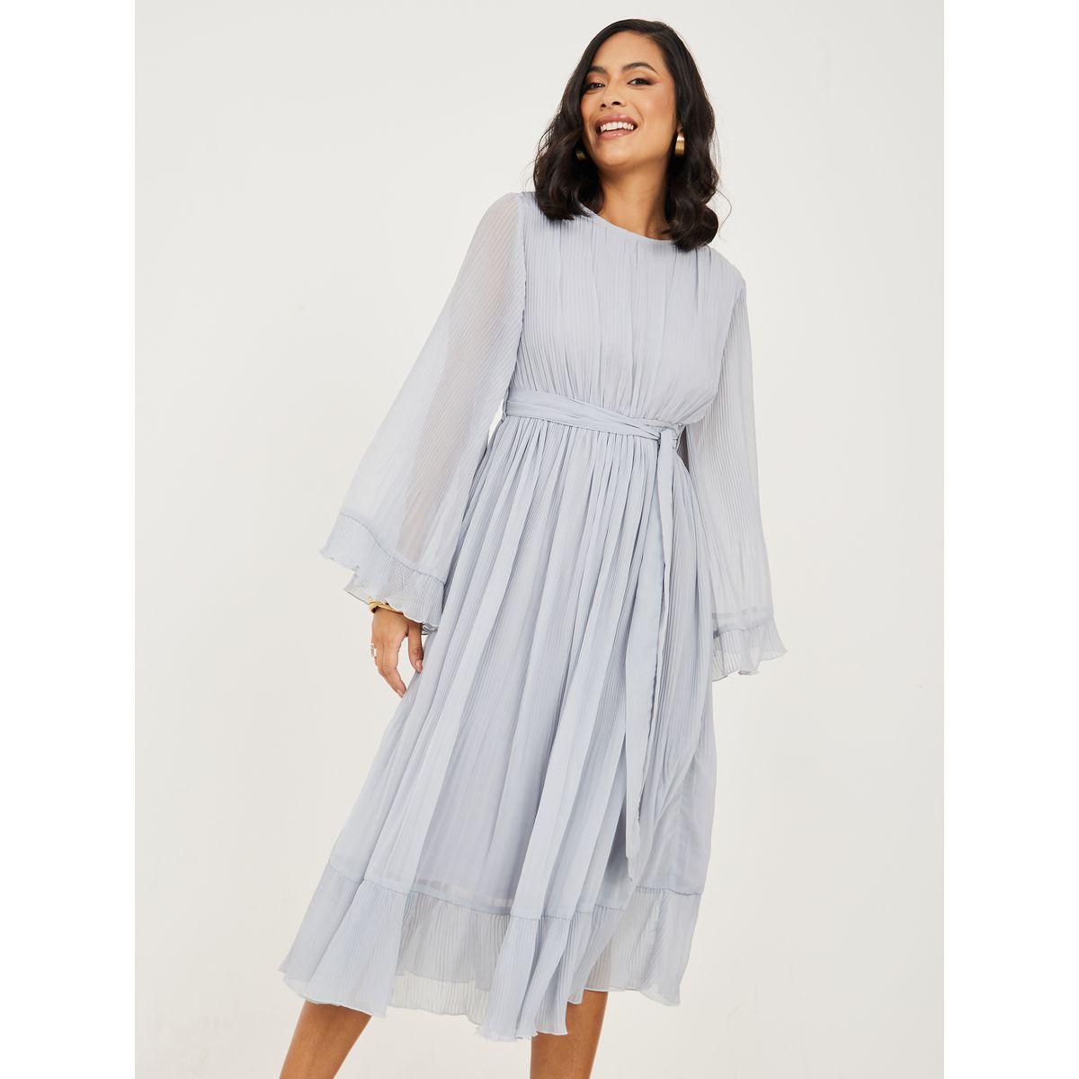 فستان ميدي بليسيه باكمام فلوت-women-clothing-dresses-image-1