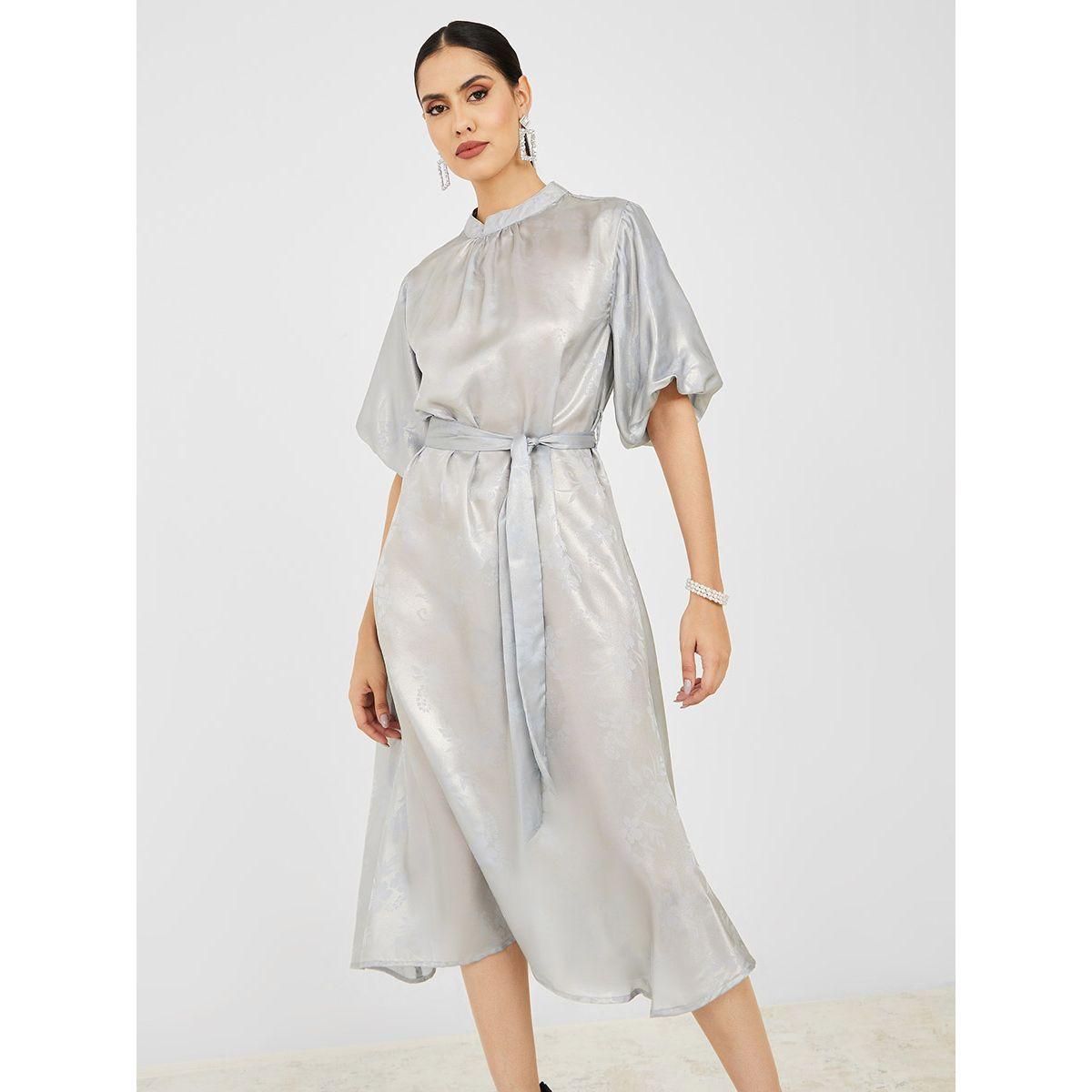 Styli Volume Sleeve Jacquard Foil A-Line Midi Dress-women-clothing-dresses-image-2