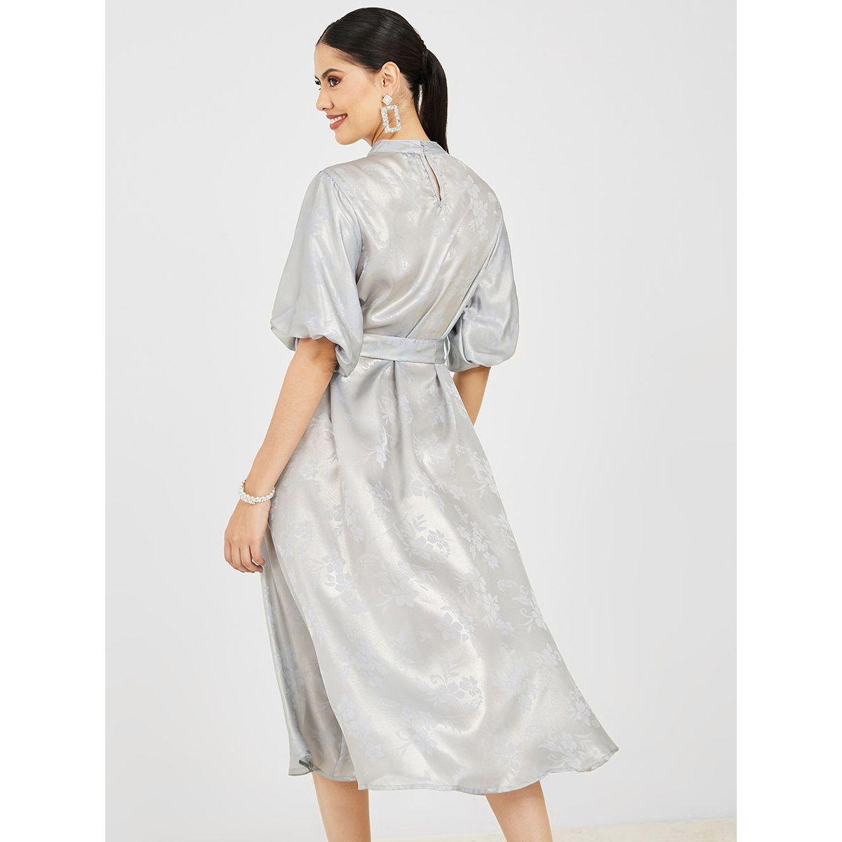 Styli Volume Sleeve Jacquard Foil A-Line Midi Dress-women-clothing-dresses-image-4