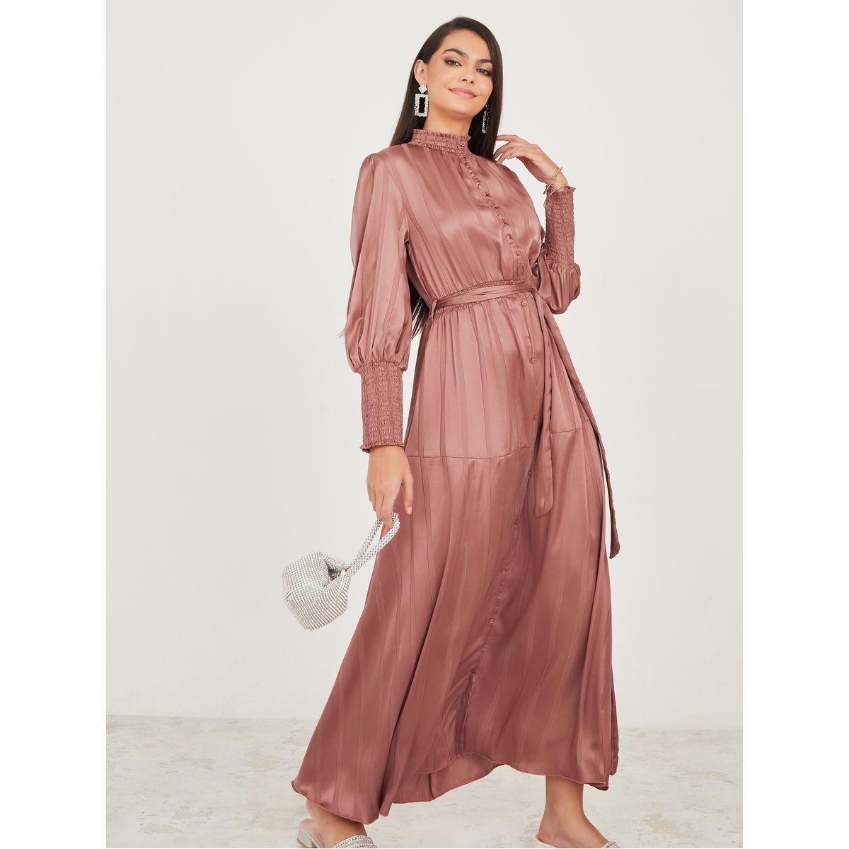 Styli Smocked Detail Button Down Shirt Maxi Dress-women-clothing-dresses-image-2