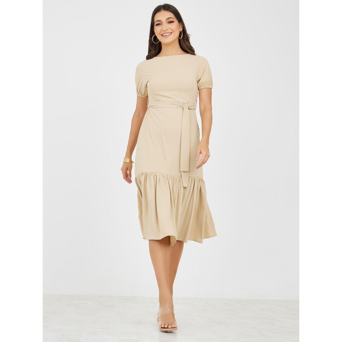 Styli Solid Round Neck Self Tie Belt A-Line Midi Dress-women-clothing-dresses-image-2