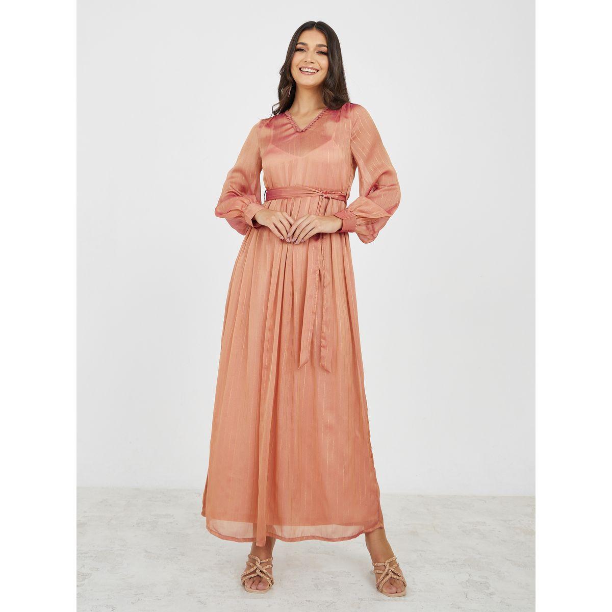 Styli V Neck Self Design A-Line Maxi Dress-women-clothing-dresses-image-1