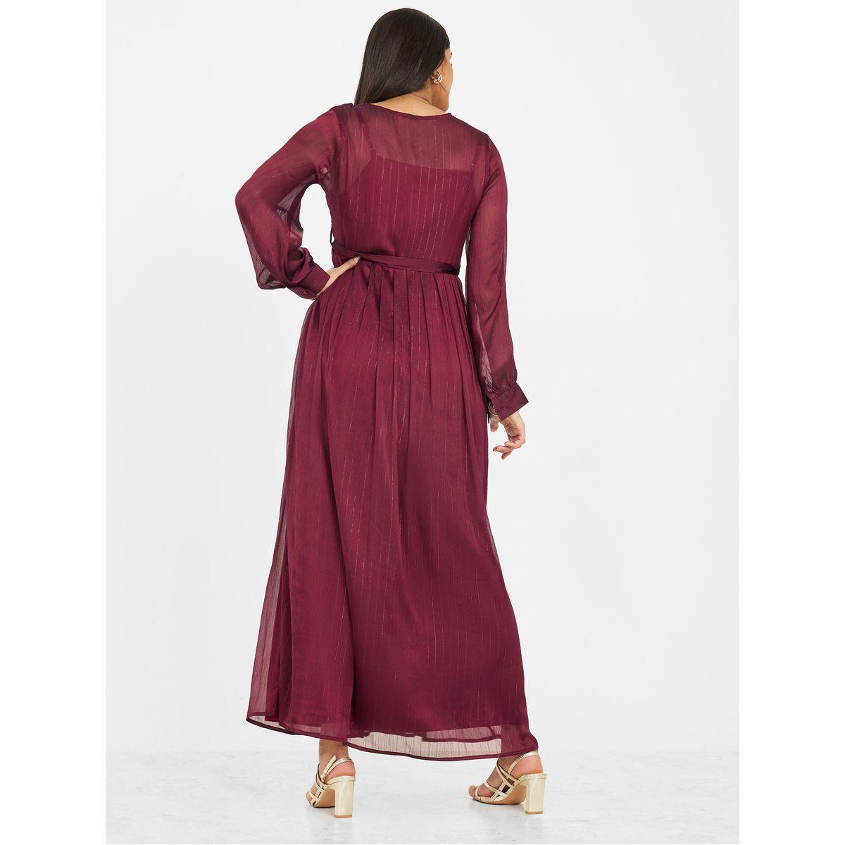 Styli Lurex Striped A-Line Maxi Dress with Self Tie Belt-women-clothing-dresses-image-4