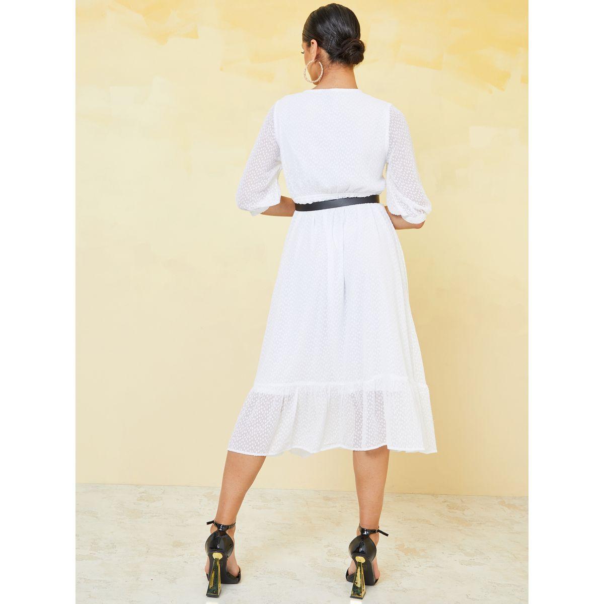 Styli 3/4 Sleeve Dobby A-Line Belted Midi Dress-women-clothing-dresses-image-4