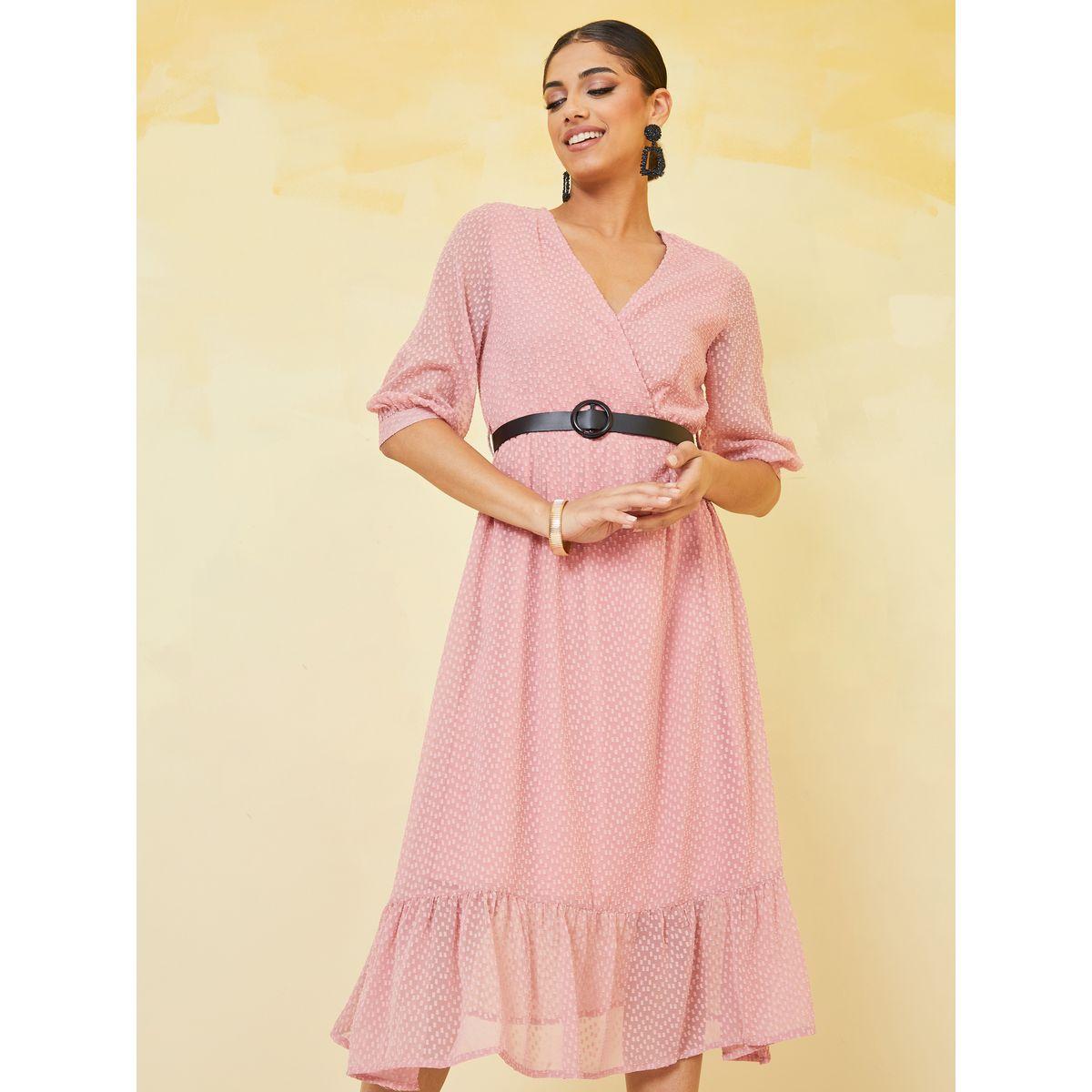 Styli 3/4 Sleeve Dobby A-Line Midi Dress with Belt-women-clothing-dresses-image-1