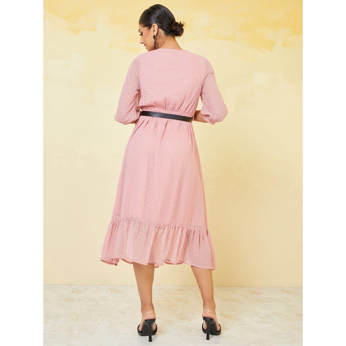 Styli 3/4 Sleeve Dobby A-Line Midi Dress with Belt-women-clothing-dresses-image-4