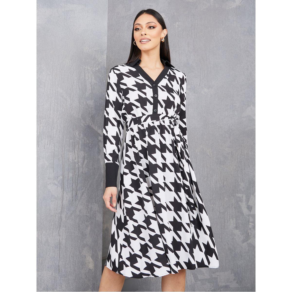 Styli Houndstooth Print V Neck A-Line Midi Dress-women-clothing-dresses-image-1