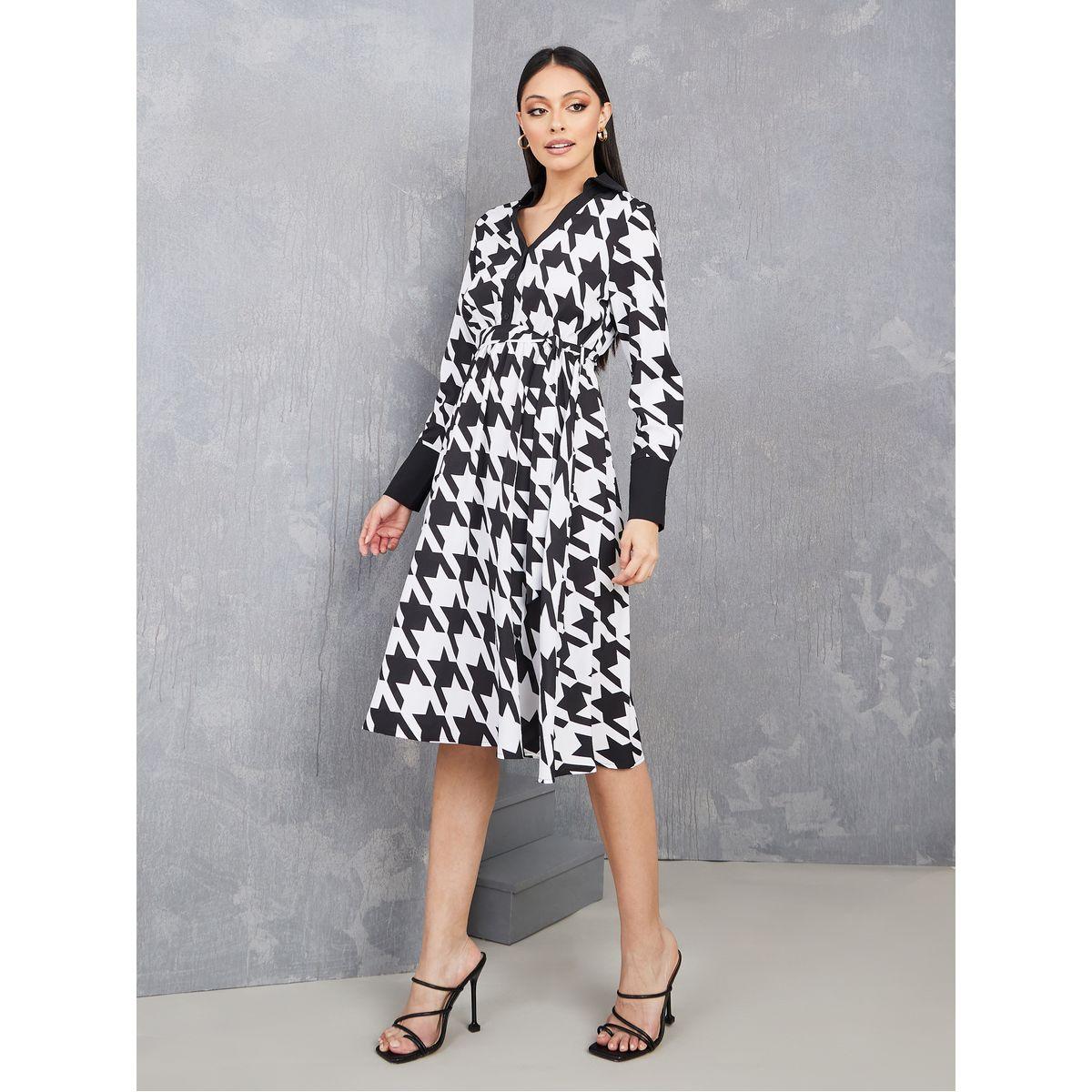 Styli Houndstooth Print V Neck A-Line Midi Dress-women-clothing-dresses-image-2