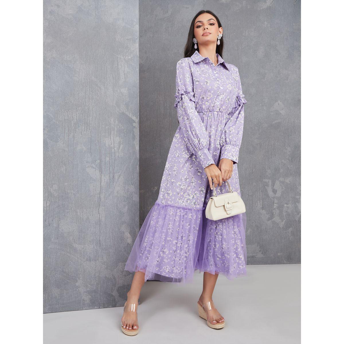 Styli Mesh Detail Hem Ditsy Print Collared Midi Dress-women-clothing-dresses-image-1
