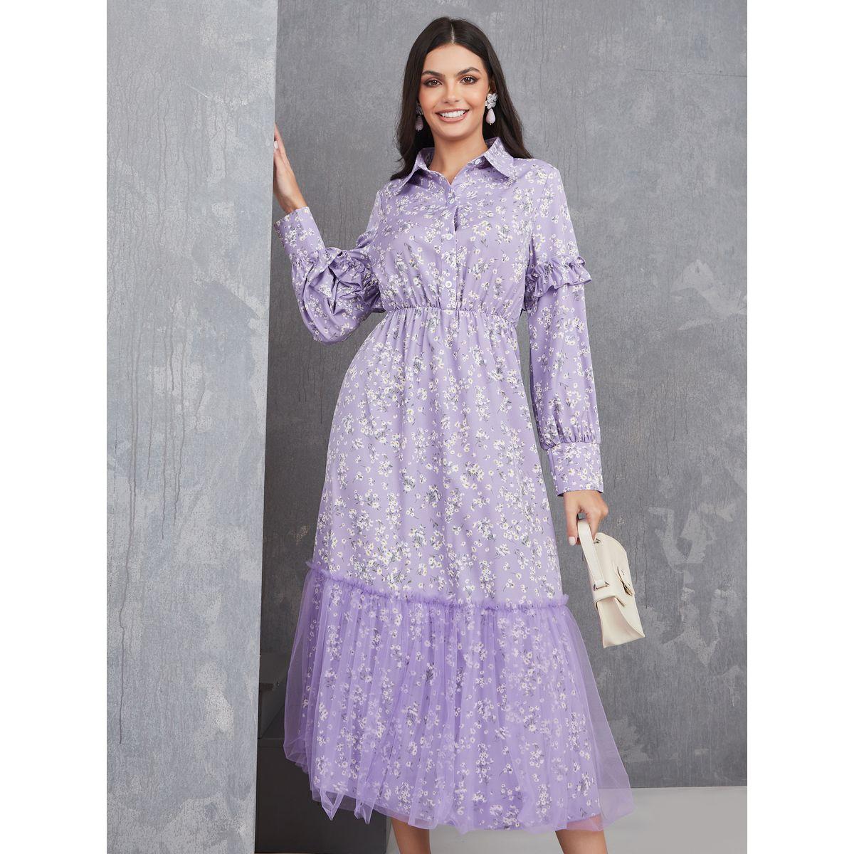 Styli Mesh Detail Hem Ditsy Print Collared Midi Dress-women-clothing-dresses-image-2