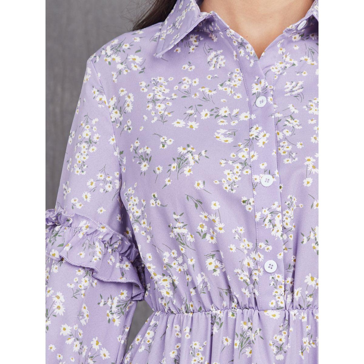 Styli Mesh Detail Hem Ditsy Print Collared Midi Dress-women-clothing-dresses-image-3
