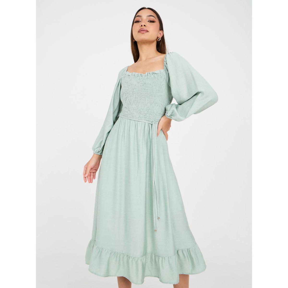 Styli Square Neck Shirred A-Line Midi Dress-women-clothing-dresses-image-1