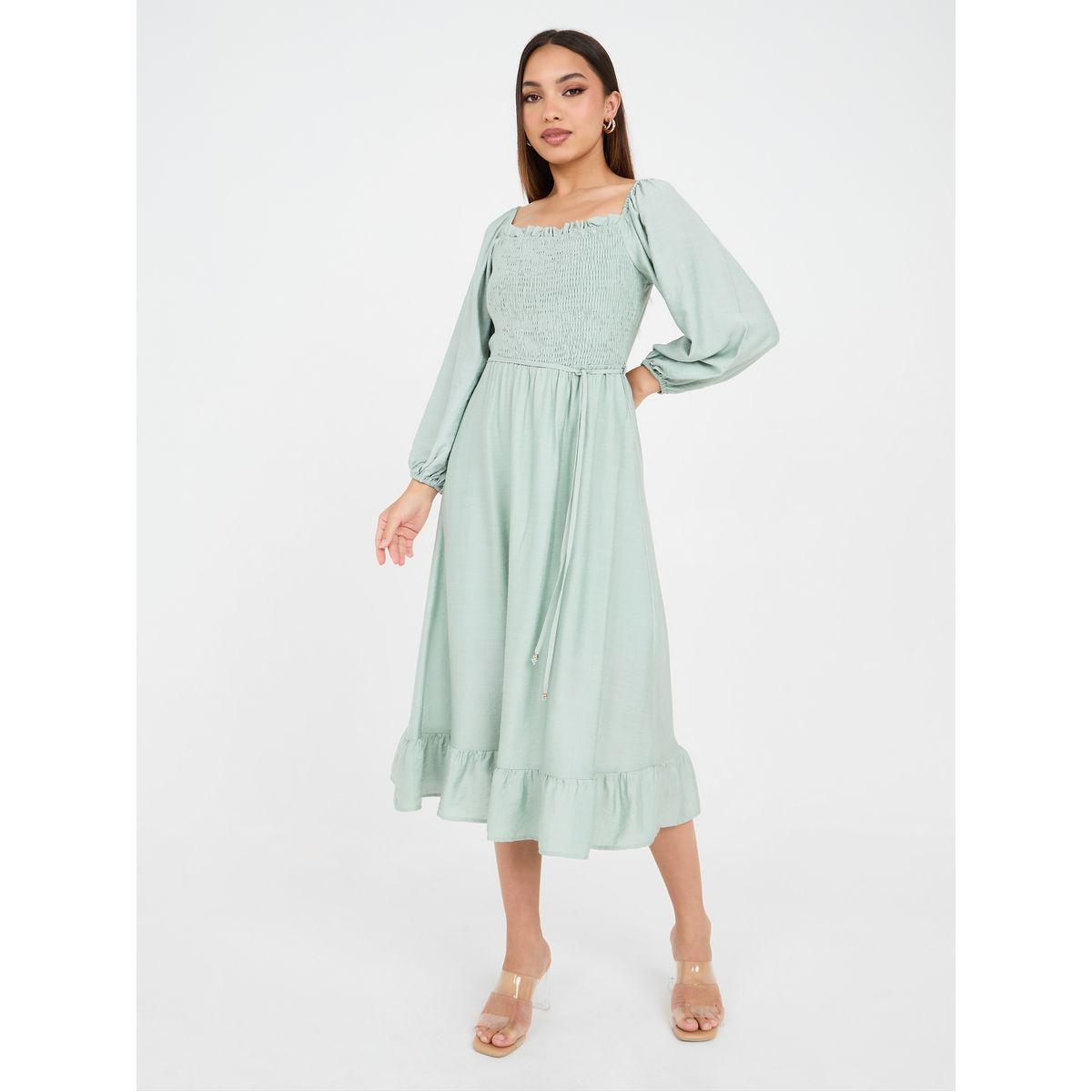 Styli Square Neck Shirred A-Line Midi Dress-women-clothing-dresses-image-2