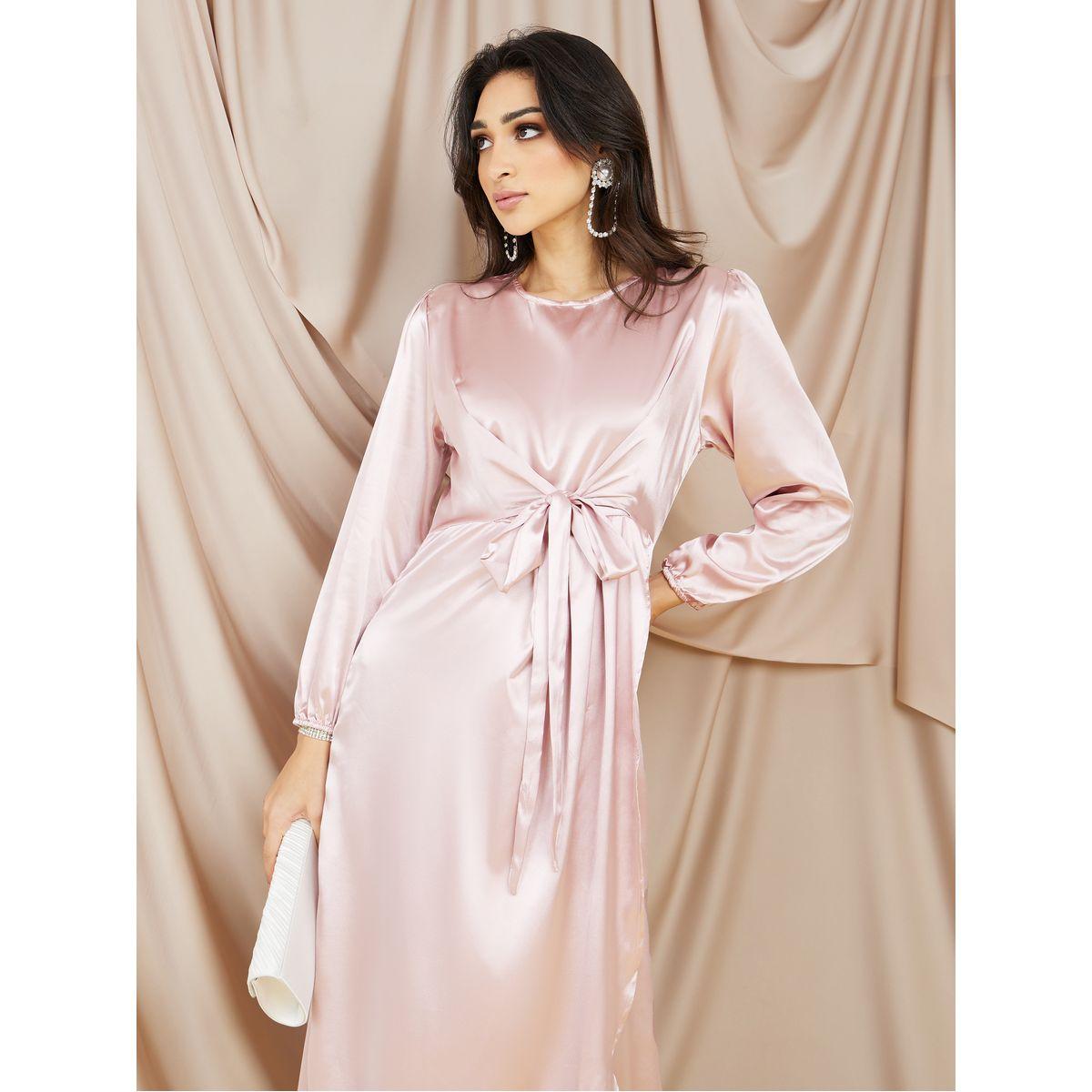 Styli Front Tie Up Satin A-Line Maxi Dress-women-clothing-dresses-image-2