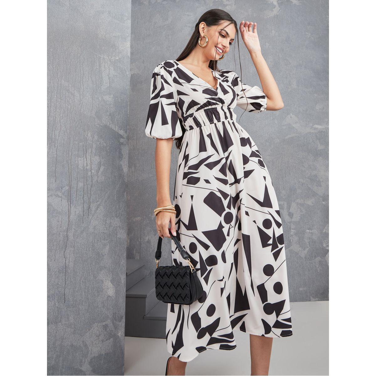 Styli Abstract Print V Neck A-Line Midi Dress-women-clothing-dresses-image-1