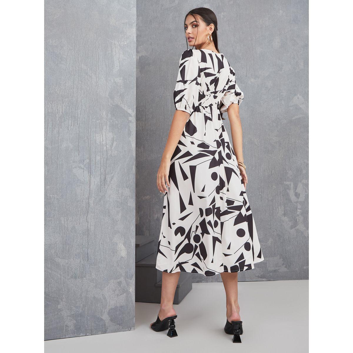 Styli Abstract Print V Neck A-Line Midi Dress-women-clothing-dresses-image-4