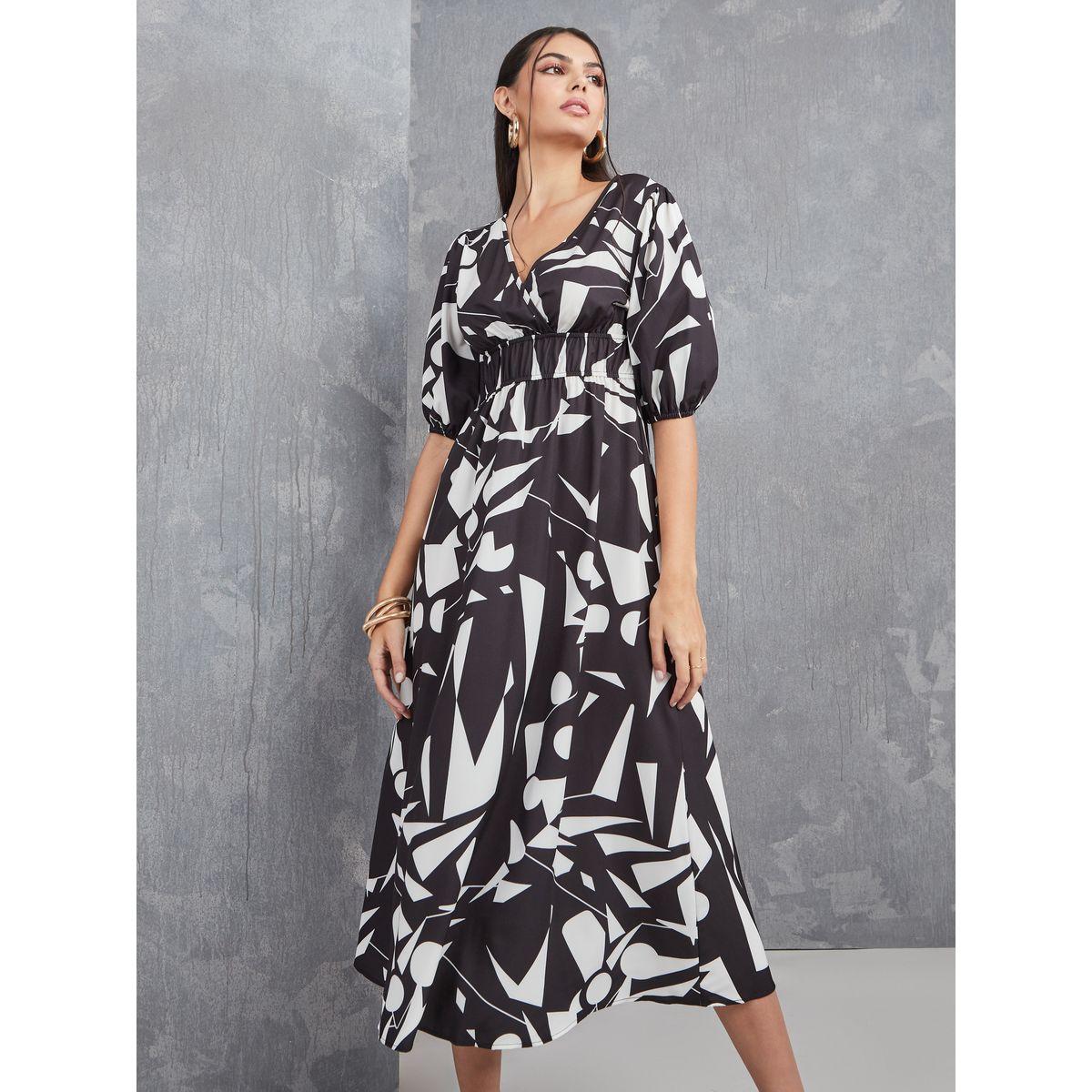 Styli Abstract Print V Neck A-Line Midi Dress-women-clothing-dresses-image-1
