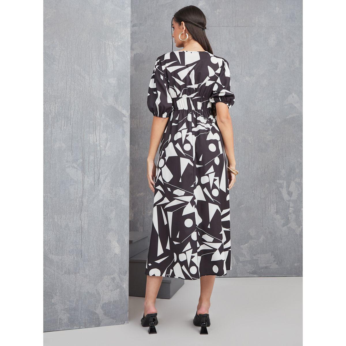 Styli Abstract Print V Neck A-Line Midi Dress-women-clothing-dresses-image-4