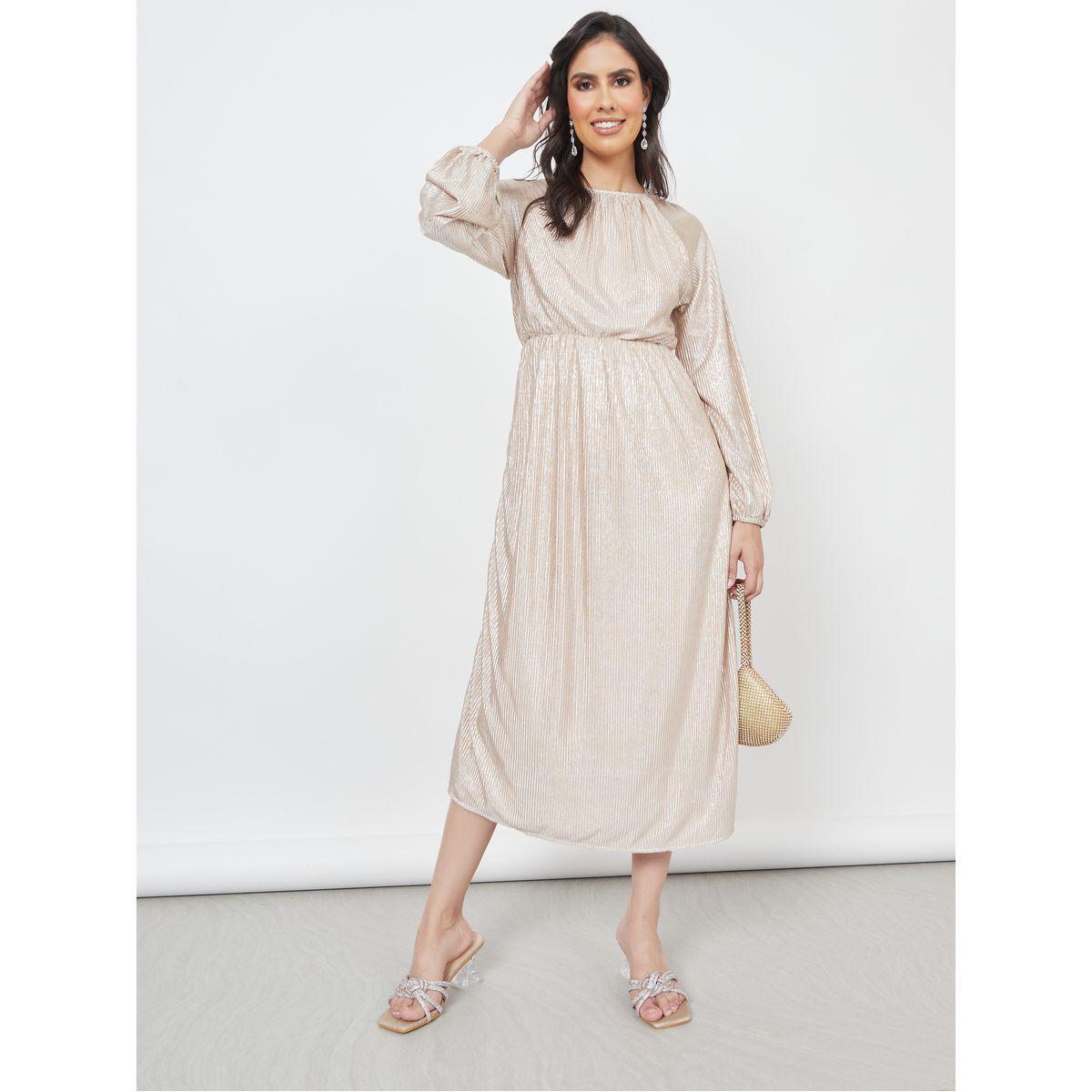 Styli Metallic Plisse A-Line Midi Dress-women-clothing-dresses-image-1