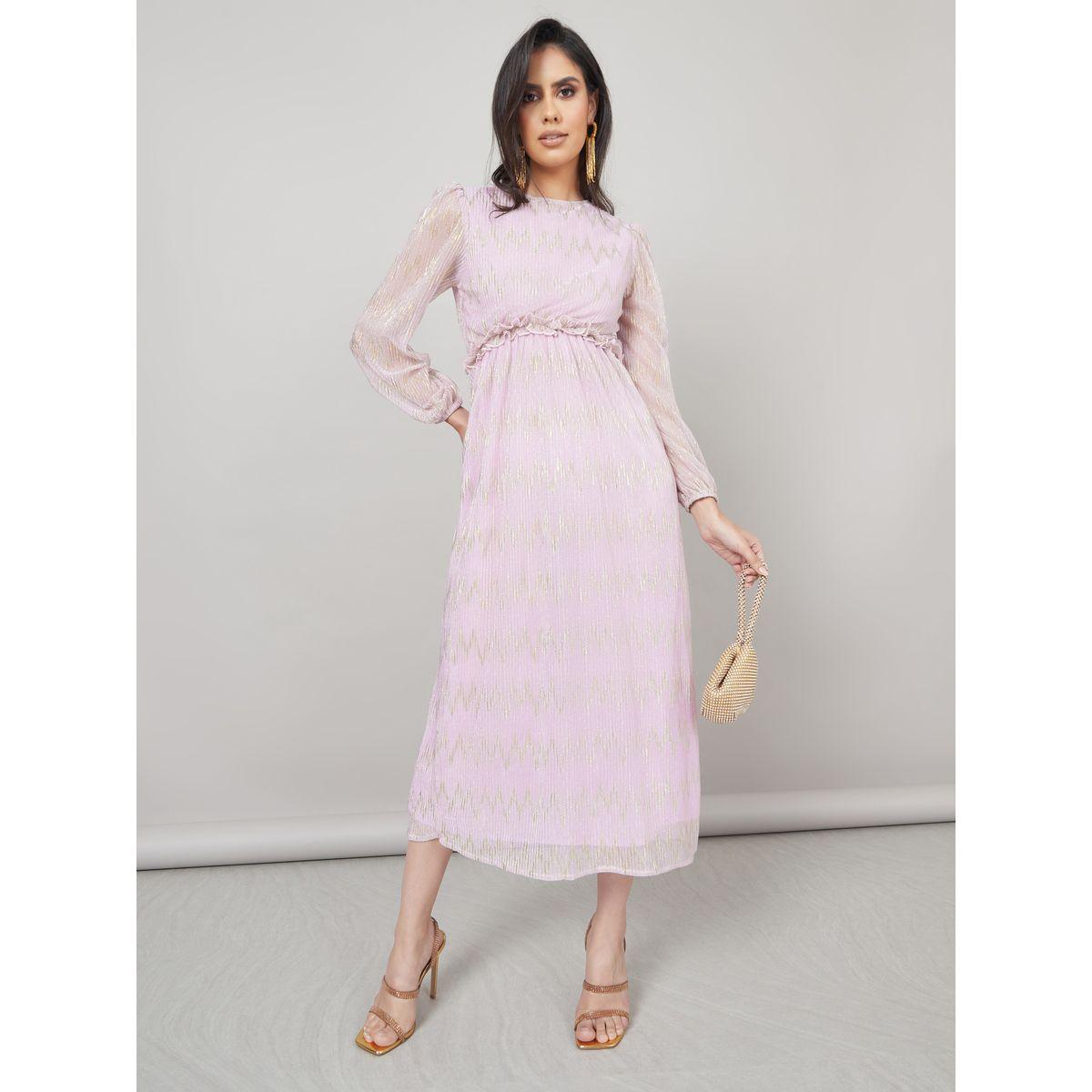 Styli Round Neck Shimmer Georgette A-Line Midi Dress-women-clothing-dresses-image-1