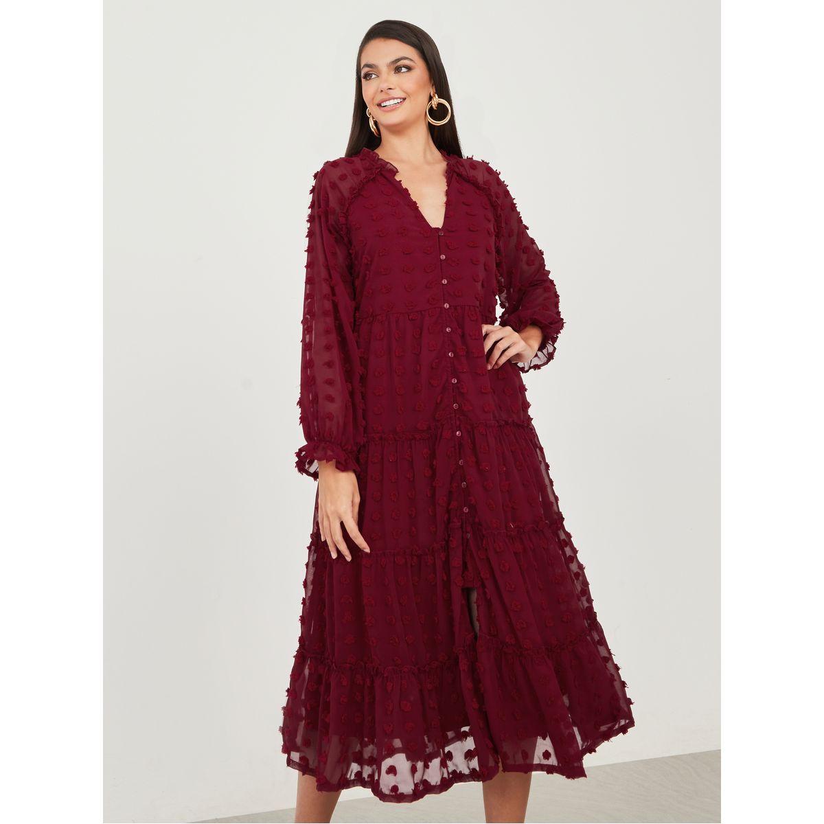Styli Dobby Tiered Midi Dress with Button Loop-women-clothing-dresses-image-1