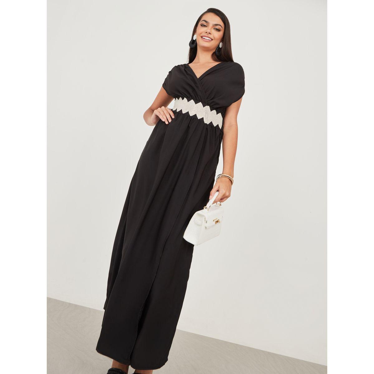 Styli Embroidered Waist Detail V Neck A-Line Maxi Dress-women-clothing-dresses-image-2