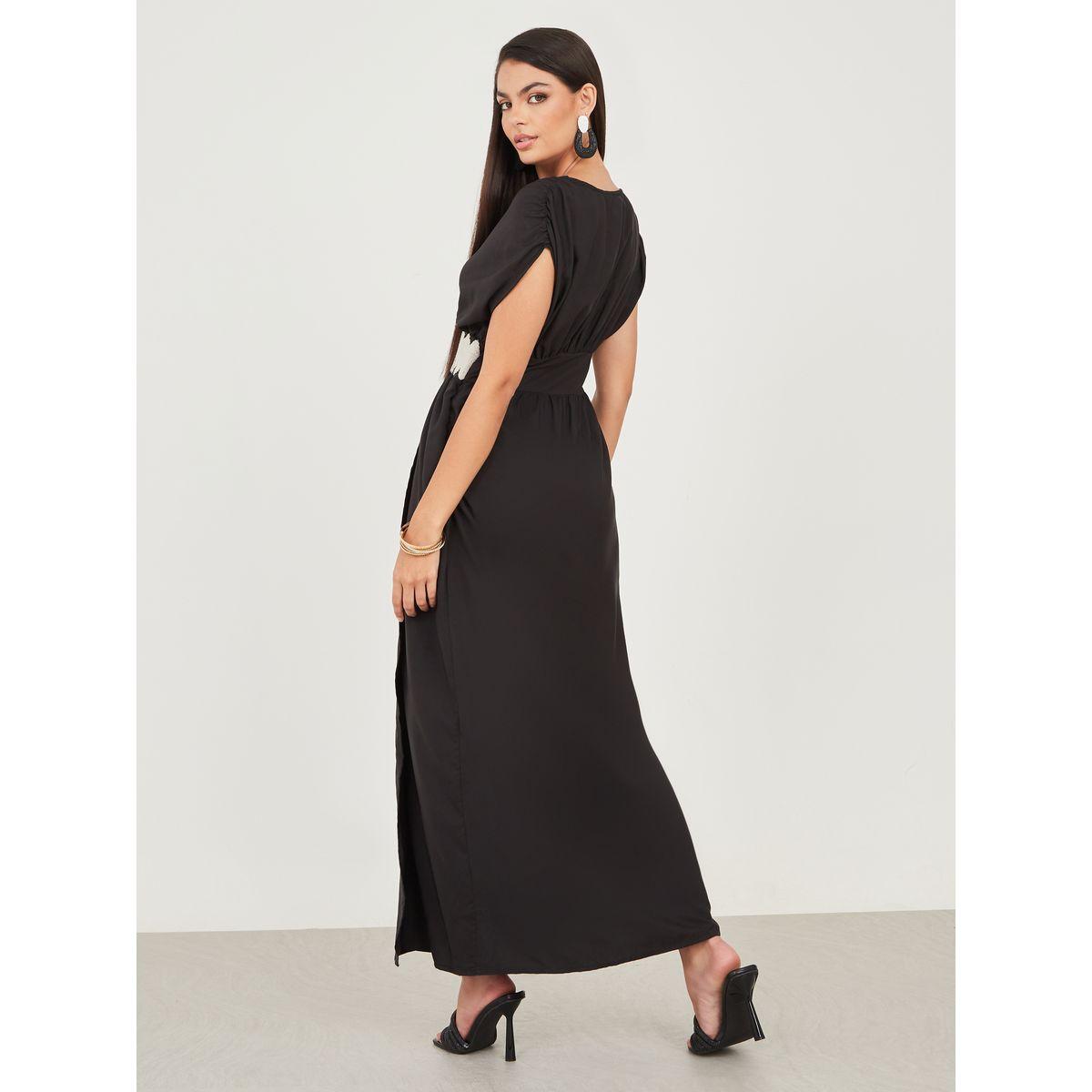Styli Embroidered Waist Detail V Neck A-Line Maxi Dress-women-clothing-dresses-image-4