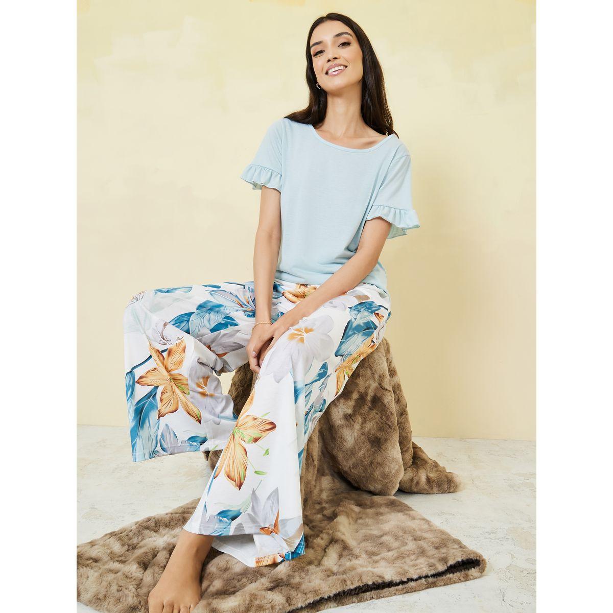 Styli Unwind Ruffle Sleeves T-shirt and Floral Print Wide Leg Pyjama Set-women-clothing-nightwear-pyjamas-longsets-image-1