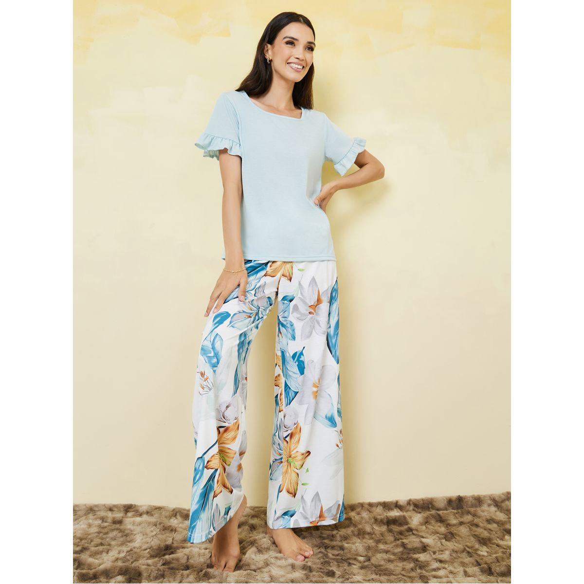 Styli Unwind Ruffle Sleeves T-shirt and Floral Print Wide Leg Pyjama Set-women-clothing-nightwear-pyjamas-longsets-image-2