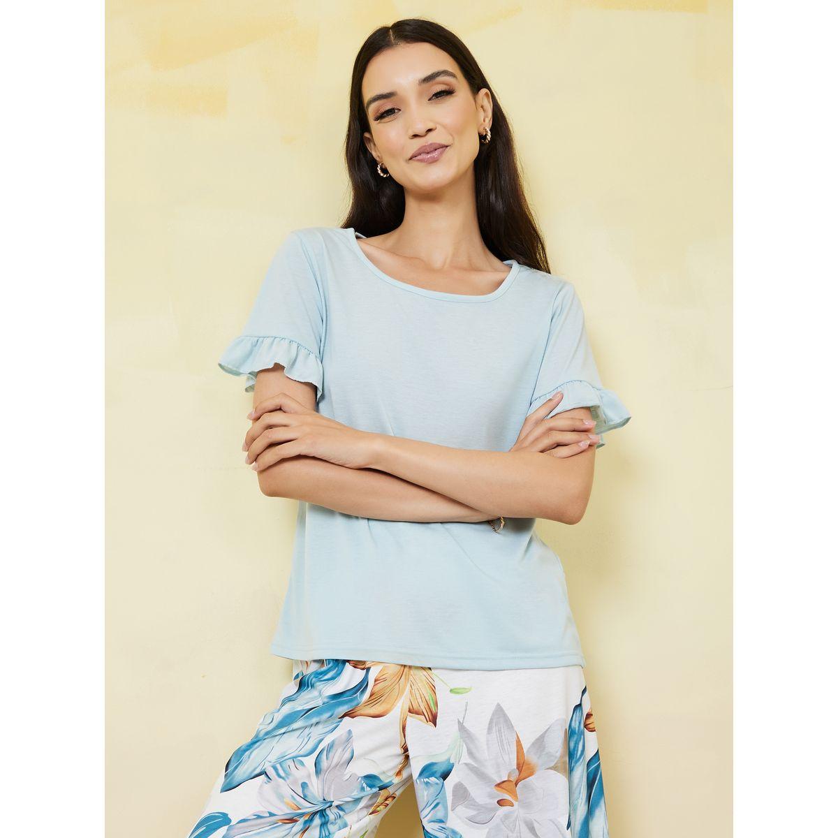 Styli Unwind Ruffle Sleeves T-shirt and Floral Print Wide Leg Pyjama Set-women-clothing-nightwear-pyjamas-longsets-image-3