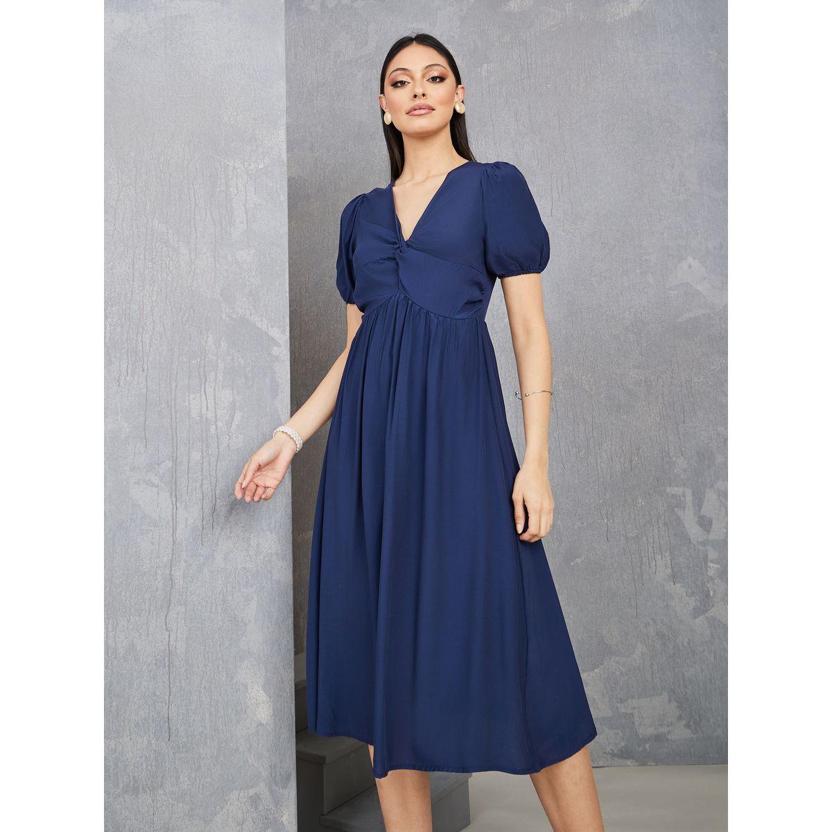 Styli Front Knot Detail V Neck Midi Dress-women-clothing-dresses-image-1