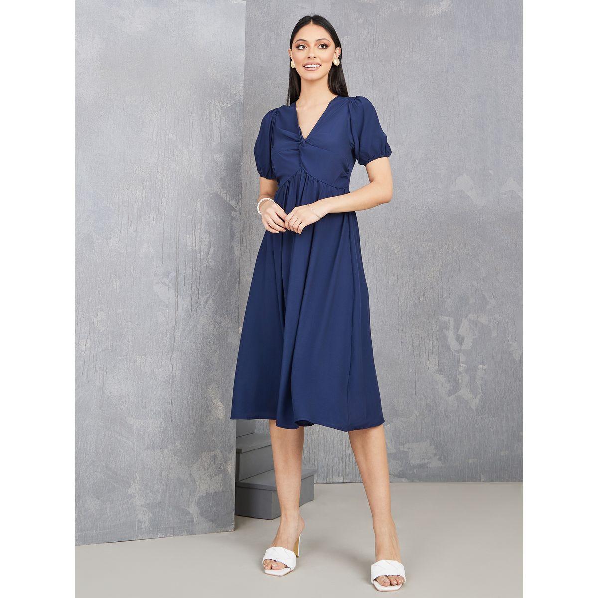Styli Front Knot Detail V Neck Midi Dress-women-clothing-dresses-image-2