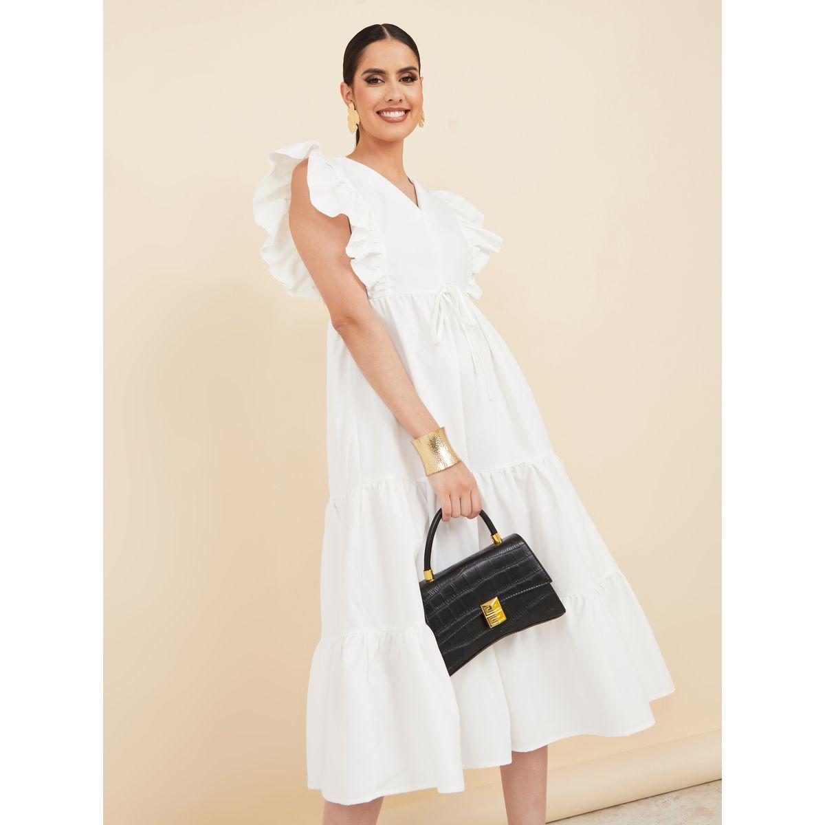 فستان ميدي بكسرات واكمام كشكش-women-clothing-dresses-image-2