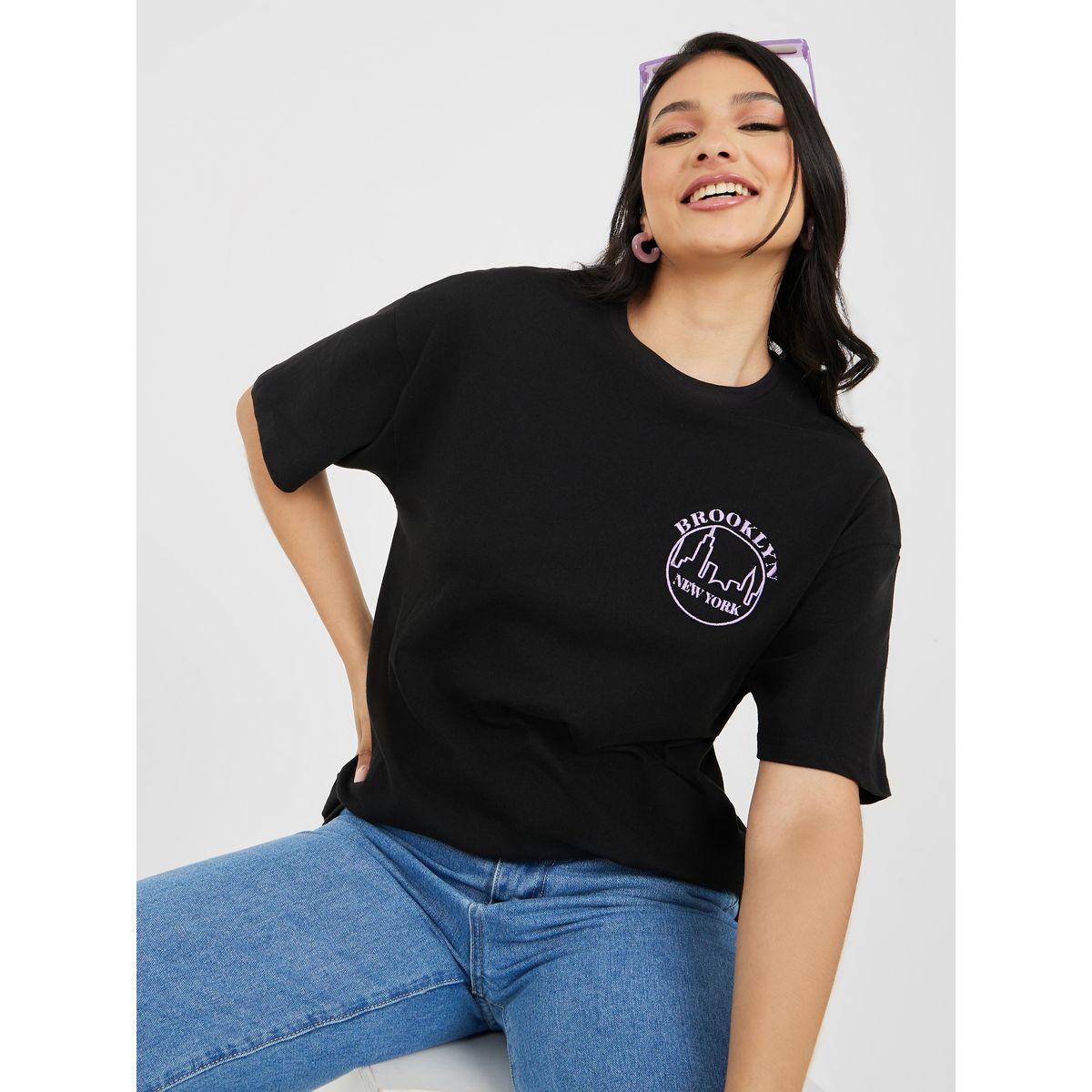 تيشيرت طويل مطبع بكتابة-women-clothing-tshirts-image-1