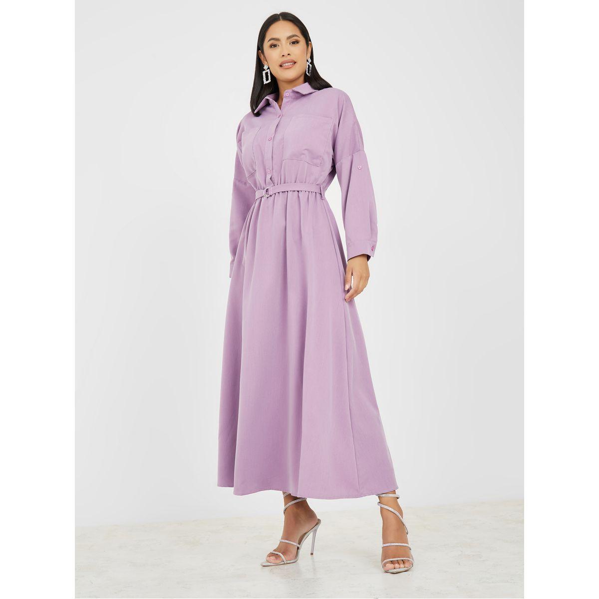 فستان طويل باكمام مطوية وحزام-women-clothing-dresses-image-1