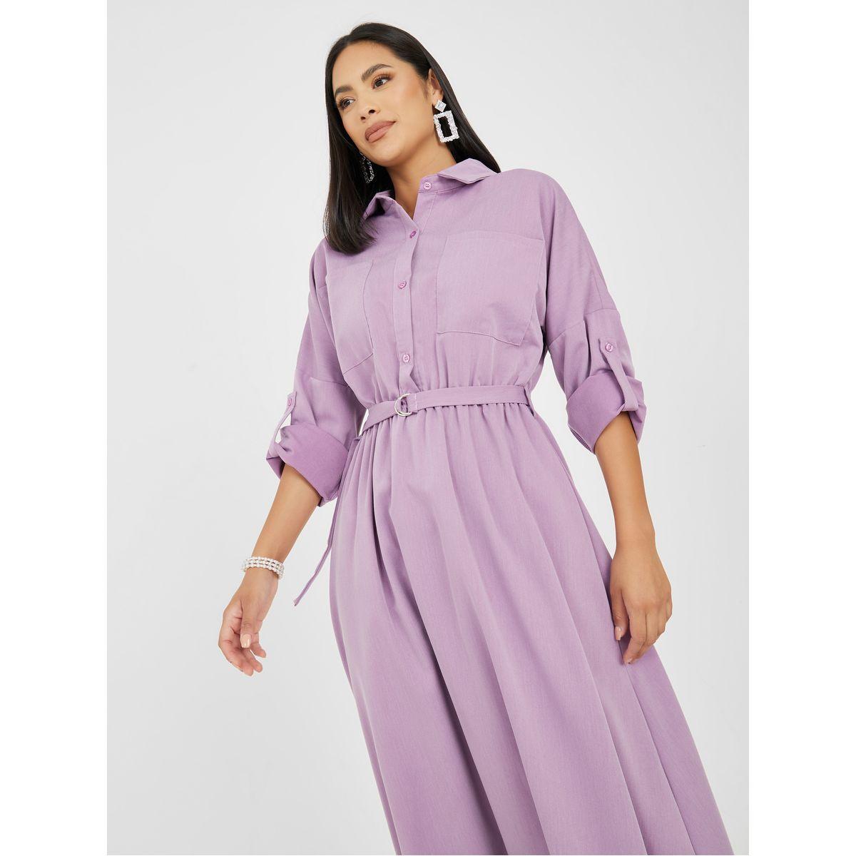 فستان طويل باكمام مطوية وحزام-women-clothing-dresses-image-3