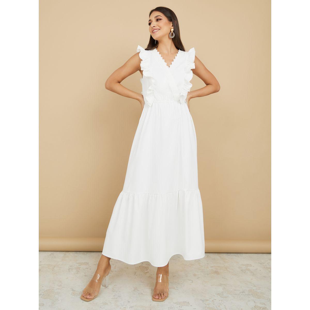 Styli Ruffle Trim V Neck A-Line Maxi Dress-women-clothing-dresses-image-1