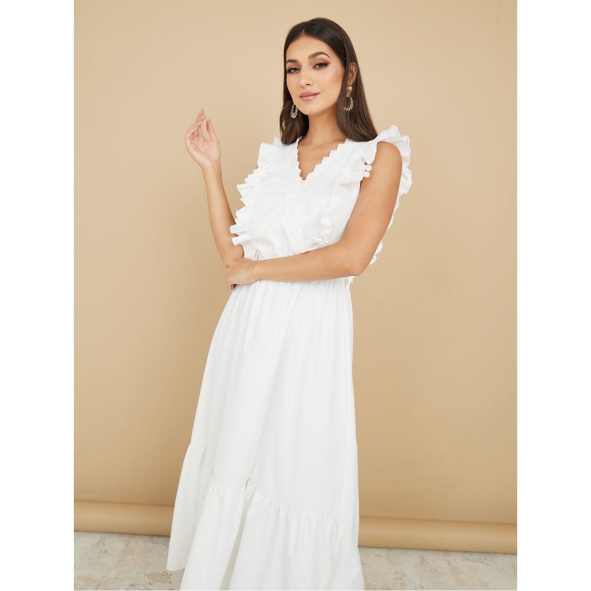 Styli Ruffle Trim V Neck A-Line Maxi Dress-women-clothing-dresses-image-2
