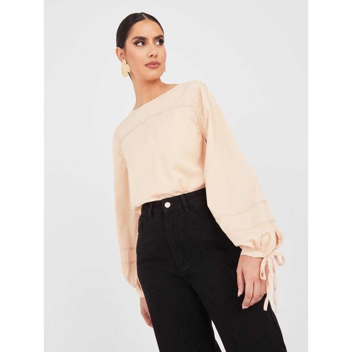 Styli Solid Tie Up Sleeves Regular Fit Blouse-women-clothing-shirtsandblouses-blouses-image-1