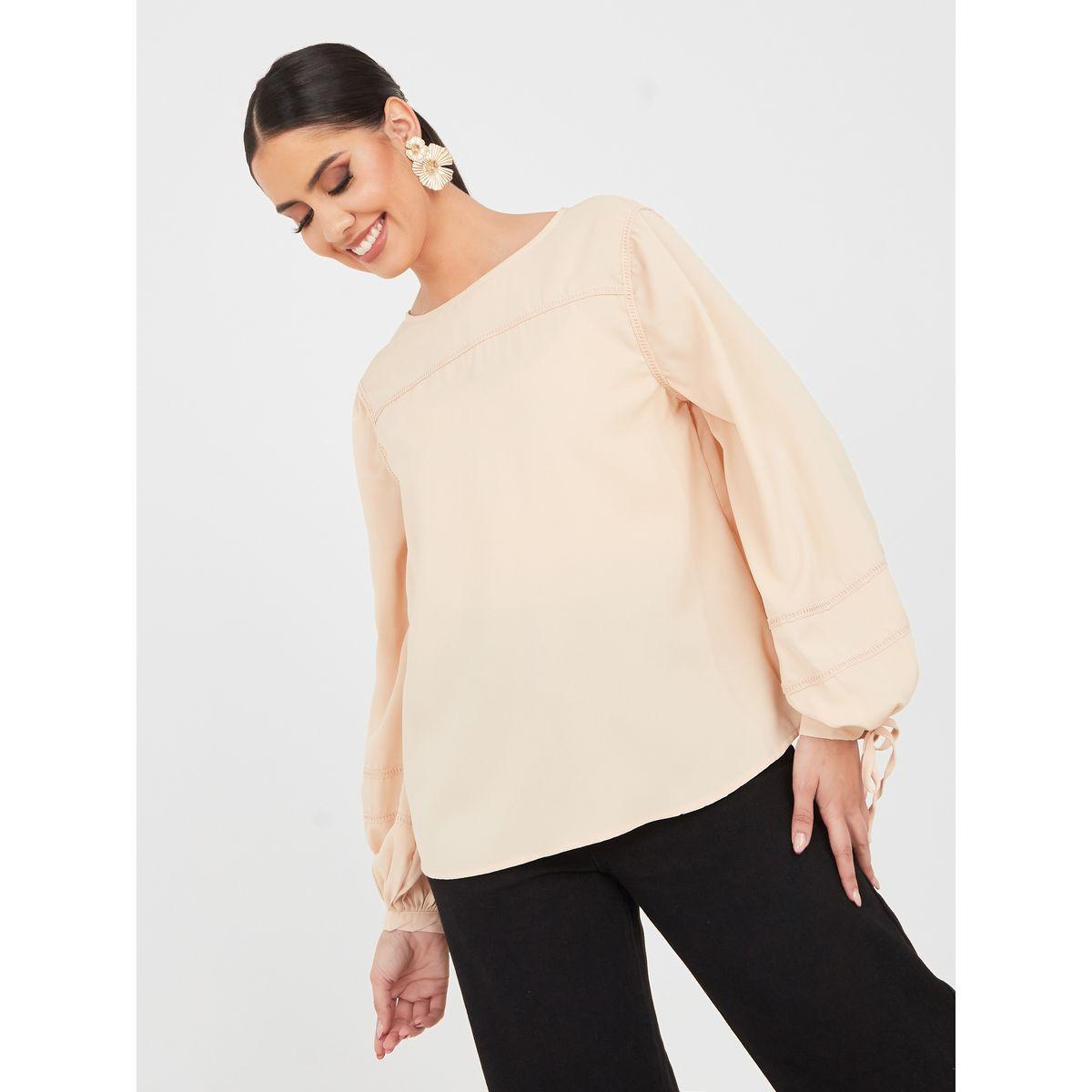 Styli Solid Tie Up Sleeves Regular Fit Blouse-women-clothing-shirtsandblouses-blouses-image-3