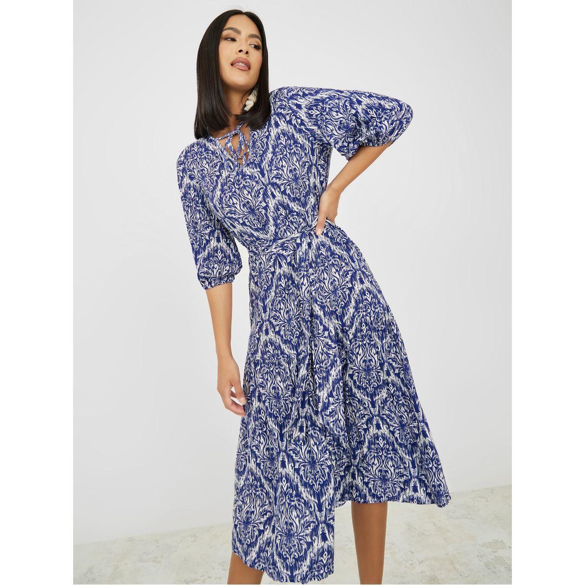 Styli Damask AOP Self Tie Belt A-Line Midi Dress-women-clothing-dresses-image-1